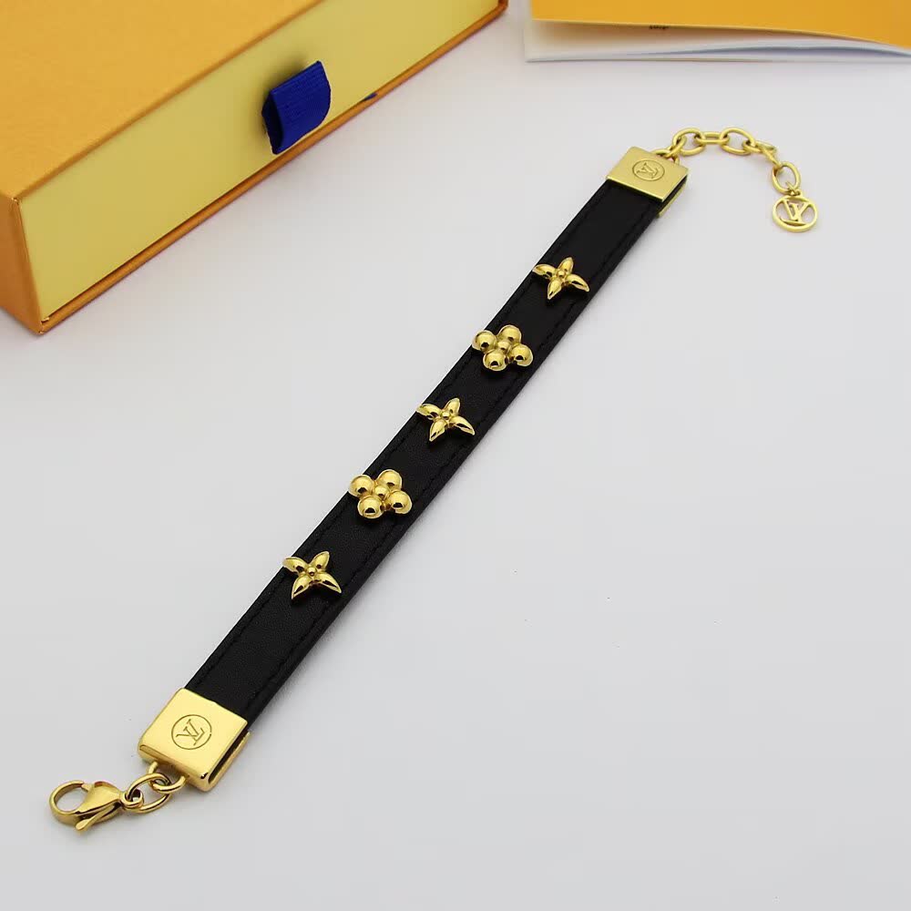 Louis Vuitton Black Leather Bracelet with Gold Accents
